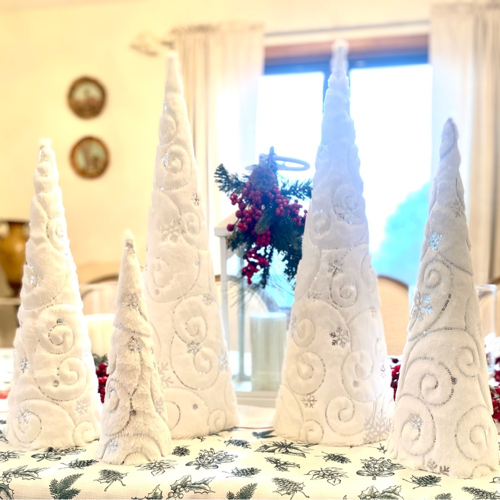 New White Decorated Christmas Holiday Cone  Trees - 5 available